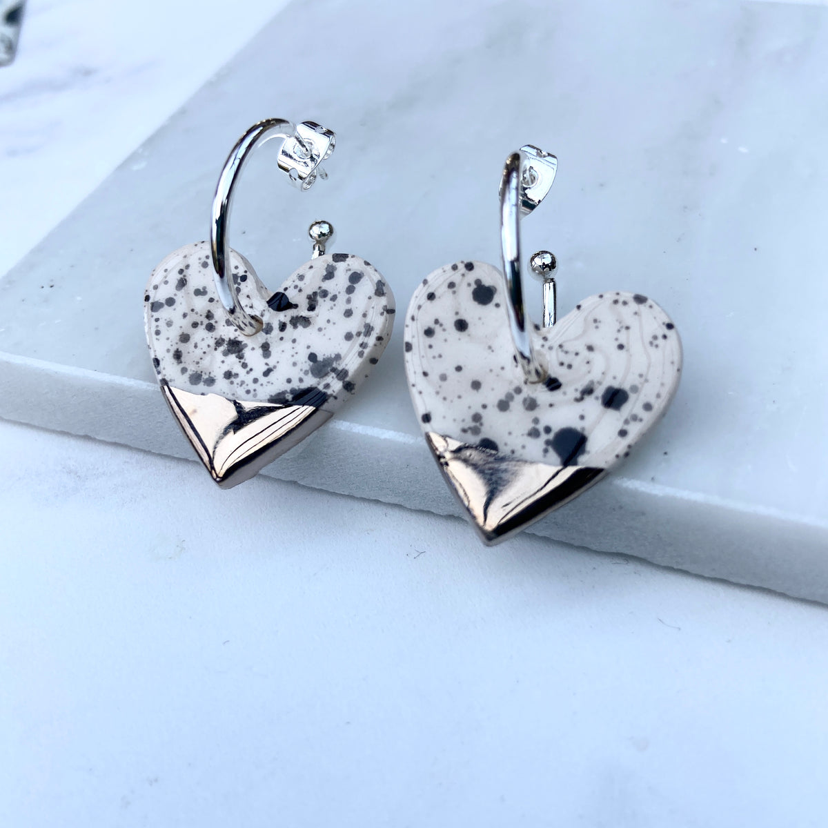 Black and White Spotty Ceramic Heart Charms with Hoops