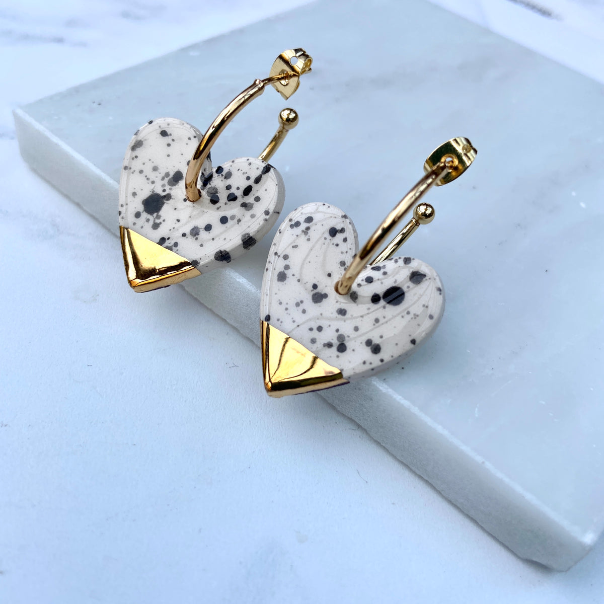 Black and White Spotty Ceramic Heart Charms with Hoops